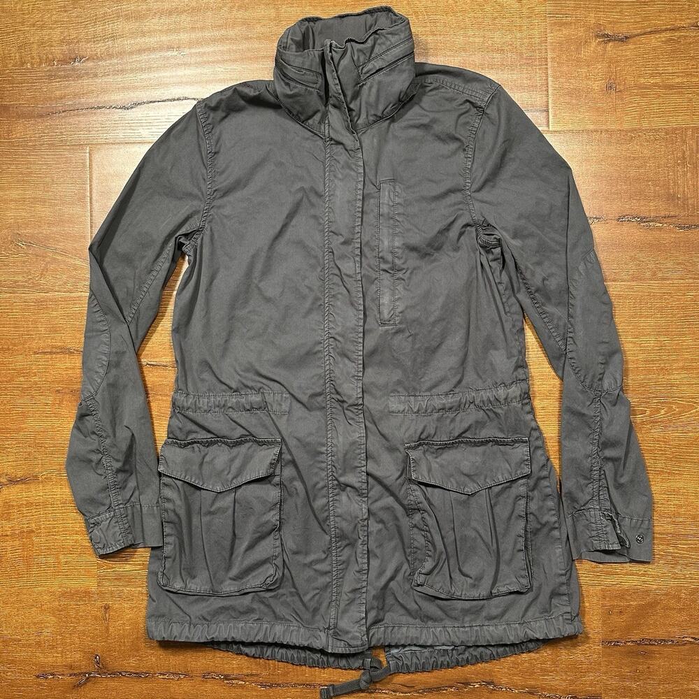 James Perse Jacket Women 1 Gray Utility Parka Hidden Hood Fishtail Full Zip Snap